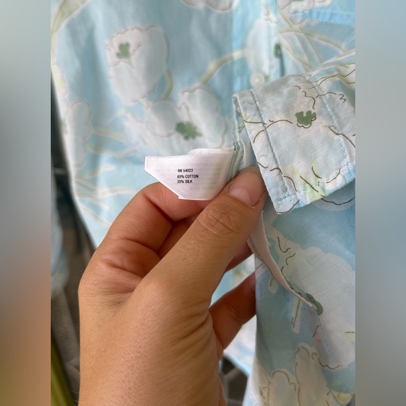 Gap Med Button Front Blouse Blue White Floral Print Silk Cotton Long Sleeve - Picture 4 of 8